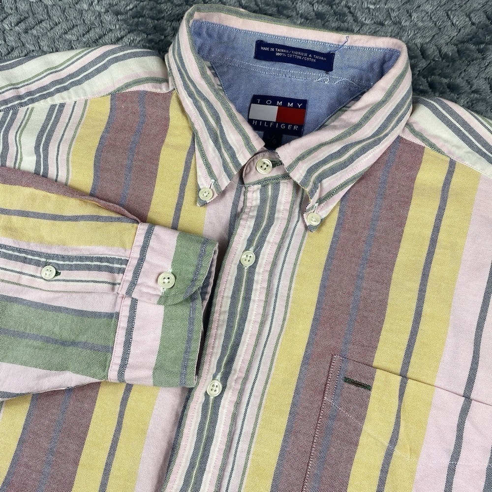 Tommy Hilfiger VTG 90s Mens Pastel Button Up Multicolor Stripe Button Up Shirt L